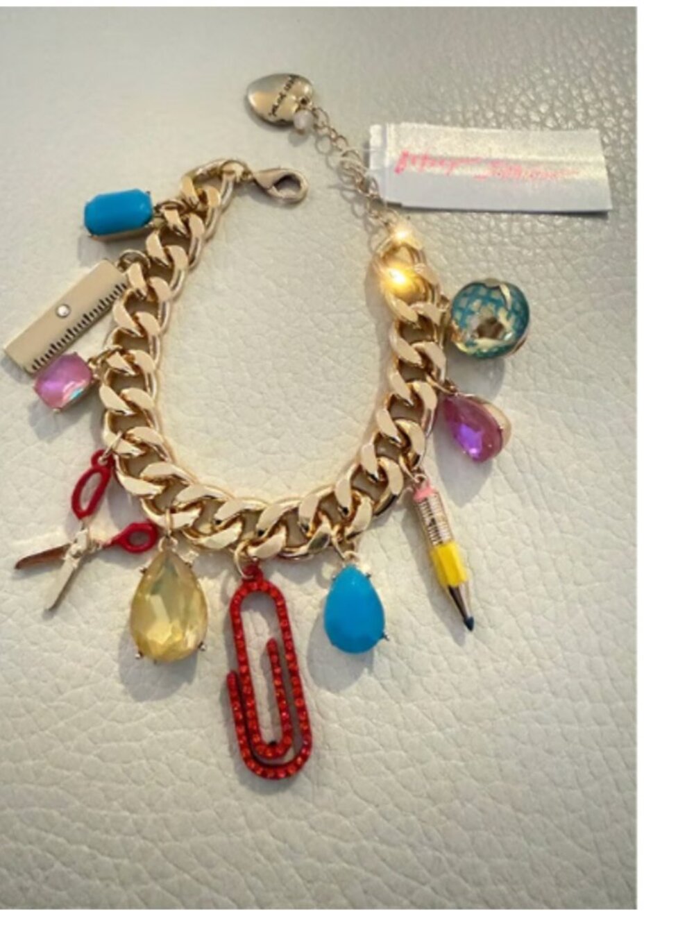 NWT Betsey Johnson Back To School Supplies Stone Charms Bracelet Gold Tone - Picture 3 of 3